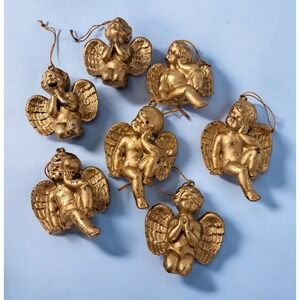 Vintage Cherub Angel Christmas Ornament Gold Plastic Lot of 7 (2.5"-3.5")